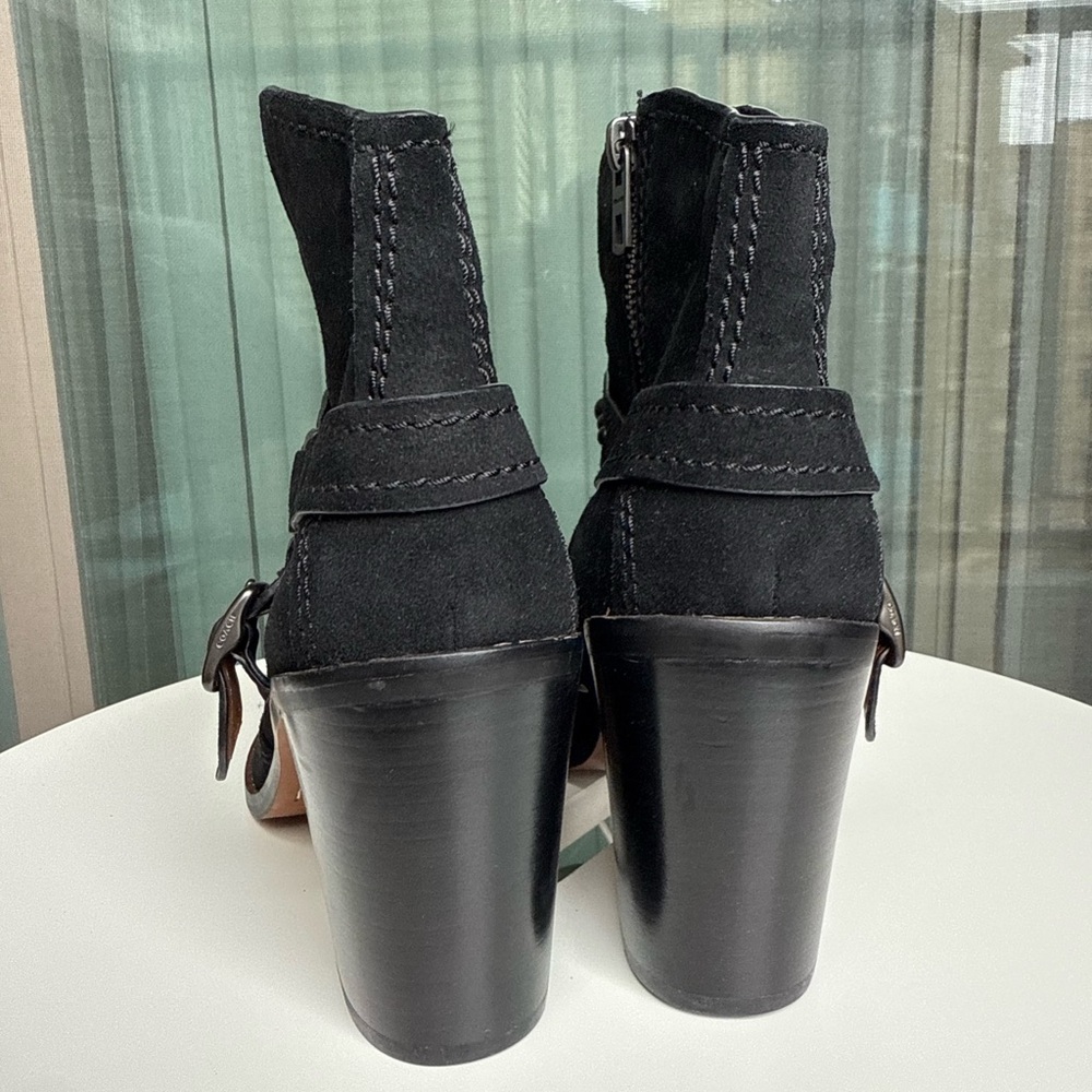 Coach Black Suede Studded Harness Ankle Boots Block Heel Zip Size 10 - Picture 6 of 7